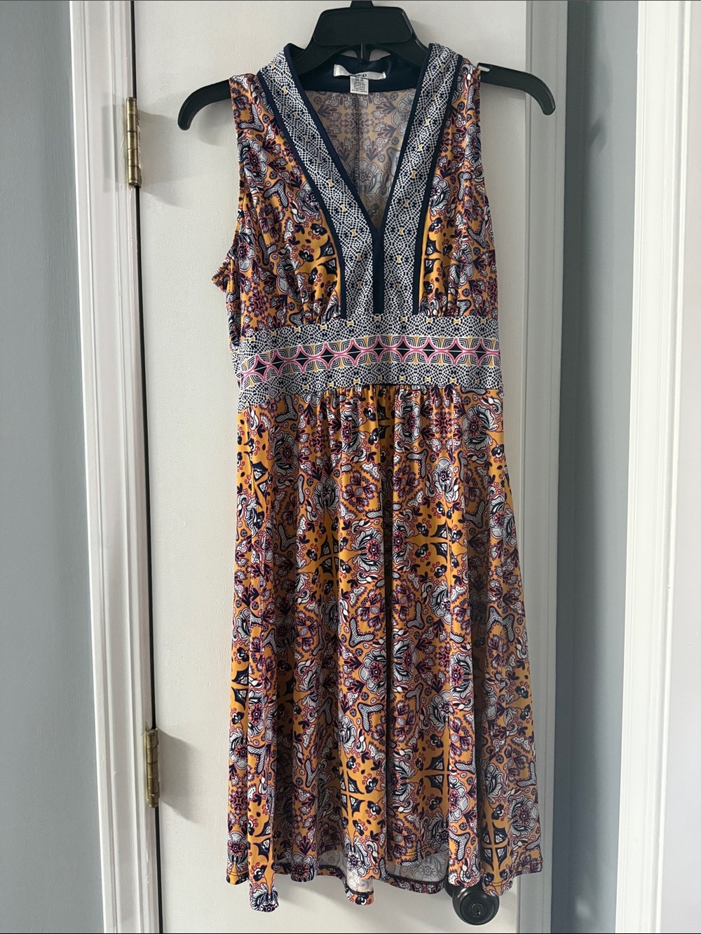 Sleeveless V-Neck Midi Dress in Mustard Paisley - Boho Trim